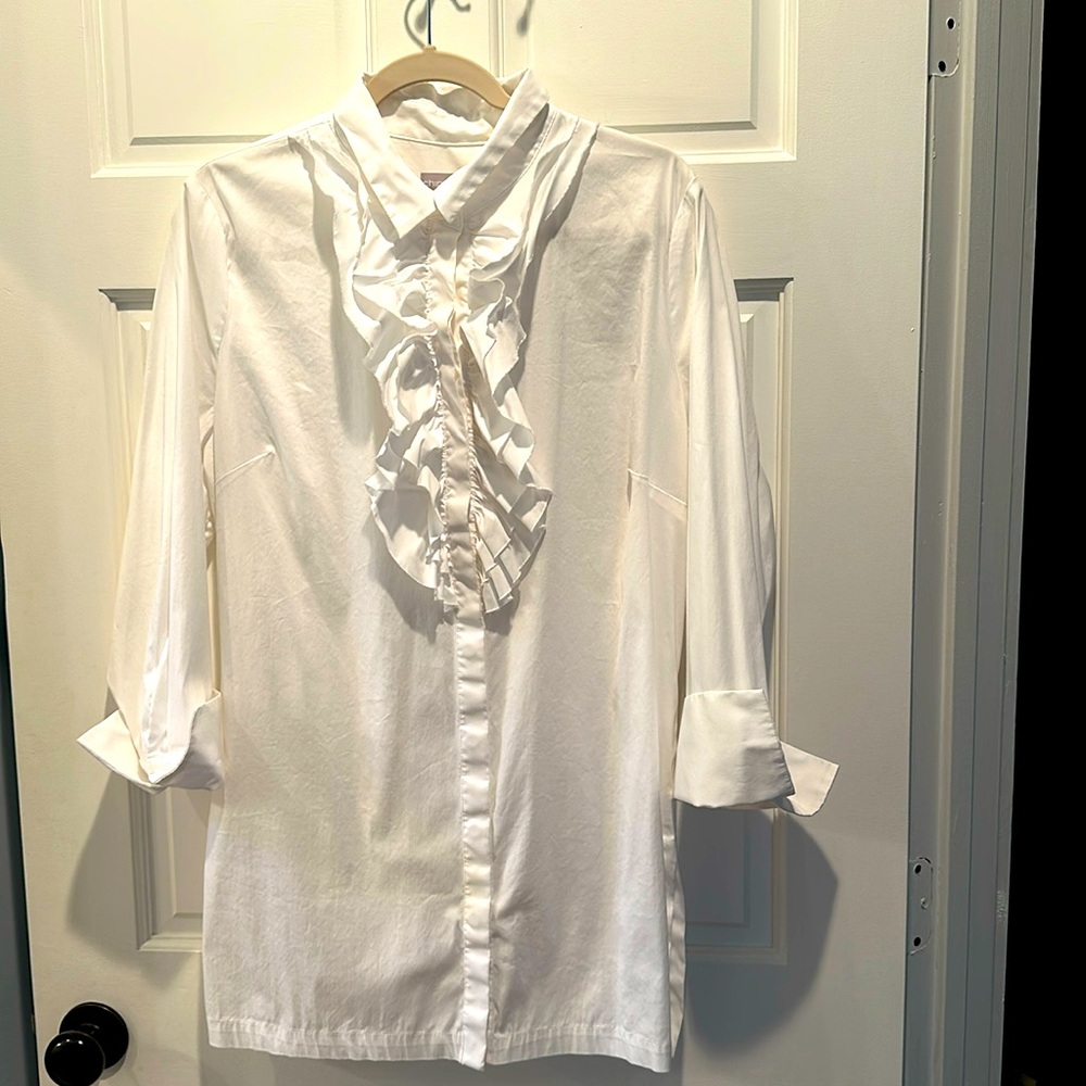 Tunic length Chico’s 3 white tuxedo like top.